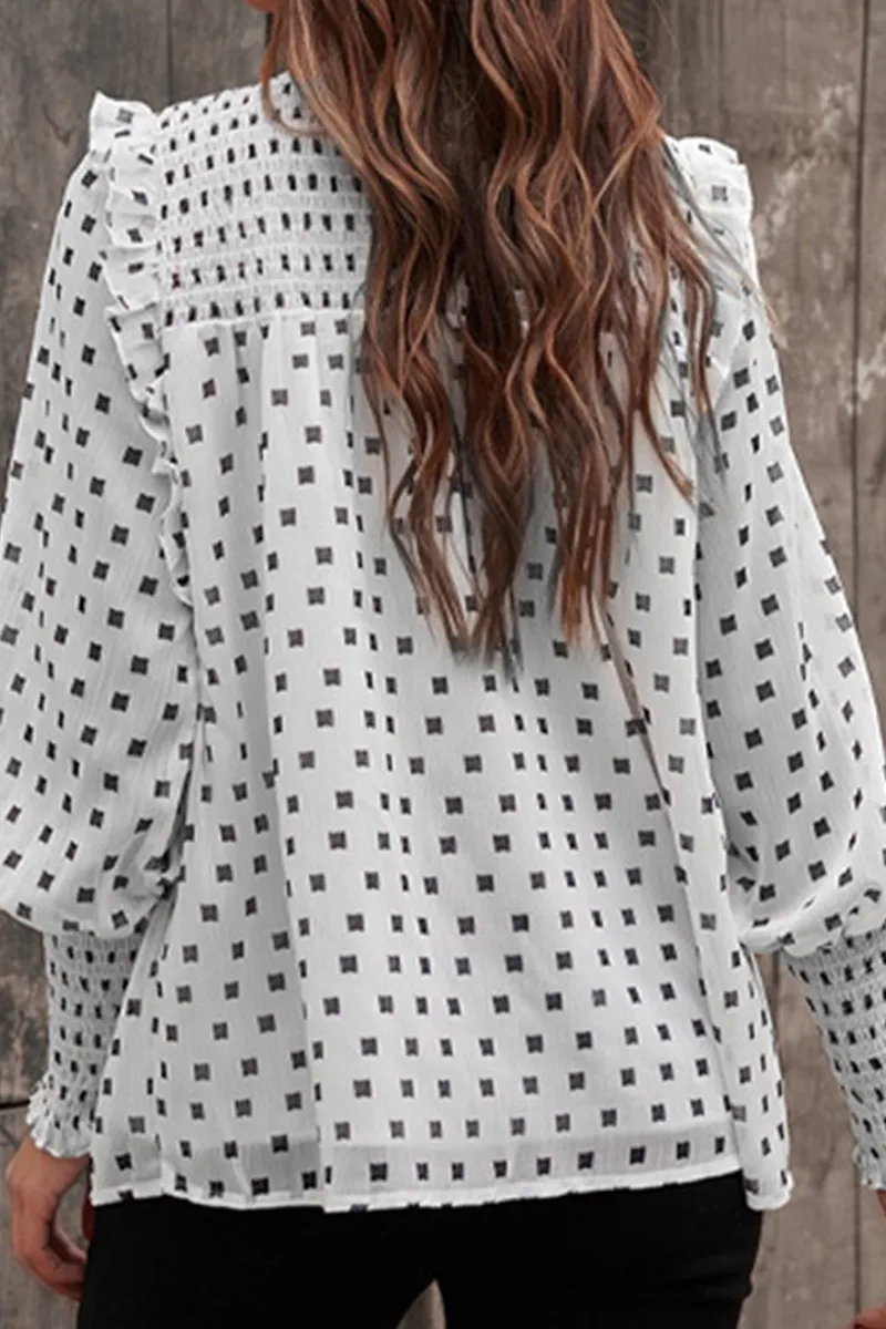 Elegant Print Patchwork Stringy Selvedge O Neck Tops(4 Colors)