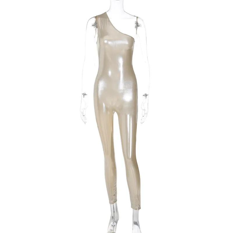 European And American-Style2023Summer New Women's Sexy Glossy Faux Leather One-Shoulder Top High Waist Sheath Jumpsuit Women Wholesale