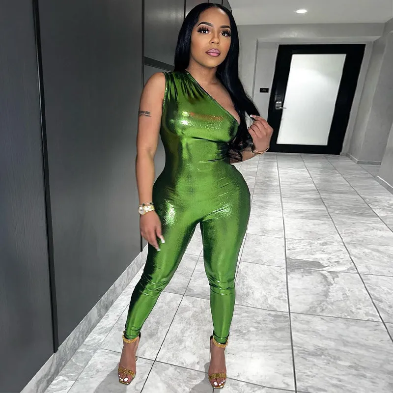 European And American-Style2023Summer New Women's Sexy Glossy Faux Leather One-Shoulder Top High Waist Sheath Jumpsuit Women Wholesale