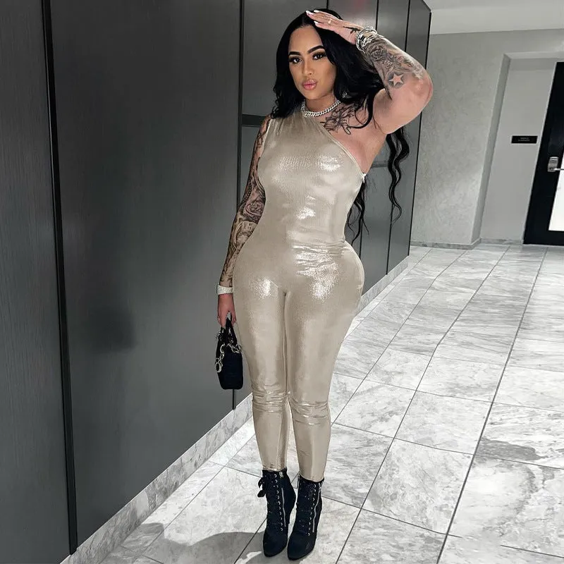 European And American-Style2023Summer New Women's Sexy Glossy Faux Leather One-Shoulder Top High Waist Sheath Jumpsuit Women Wholesale