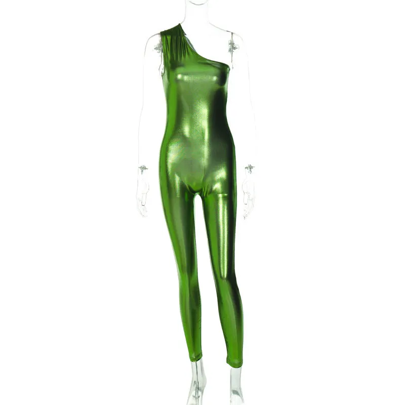 European And American-Style2023Summer New Women's Sexy Glossy Faux Leather One-Shoulder Top High Waist Sheath Jumpsuit Women Wholesale