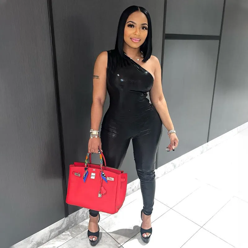European And American-Style2023Summer New Women's Sexy Glossy Faux Leather One-Shoulder Top High Waist Sheath Jumpsuit Women Wholesale