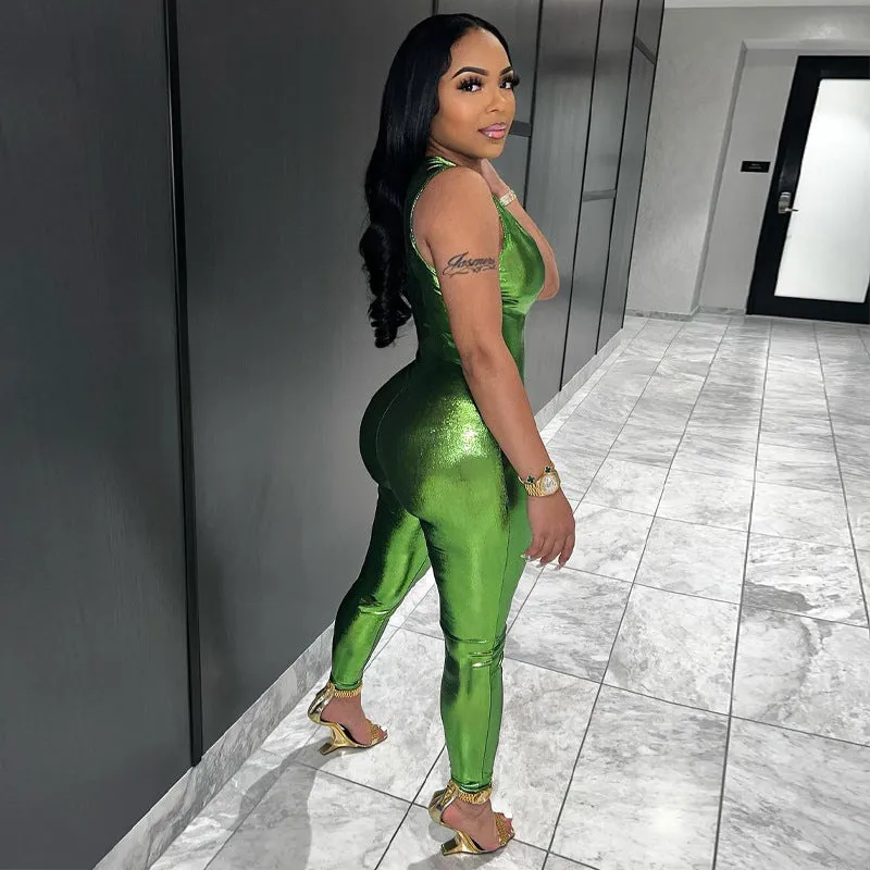 European And American-Style2023Summer New Women's Sexy Glossy Faux Leather One-Shoulder Top High Waist Sheath Jumpsuit Women Wholesale