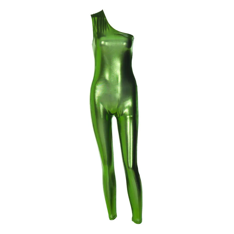 European And American-Style2023Summer New Women's Sexy Glossy Faux Leather One-Shoulder Top High Waist Sheath Jumpsuit Women Wholesale