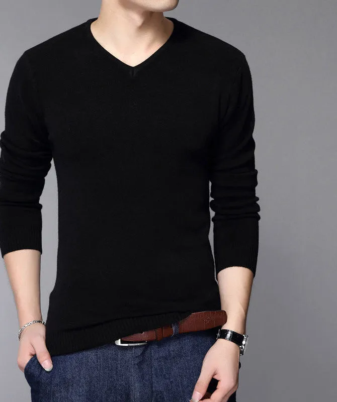 Fashion Slim Fit Sweater Men Classic Pure Black Pullover Men Solid Color V-Neck Pull Homme Cashmere Wool Sweaters Shirt 6638