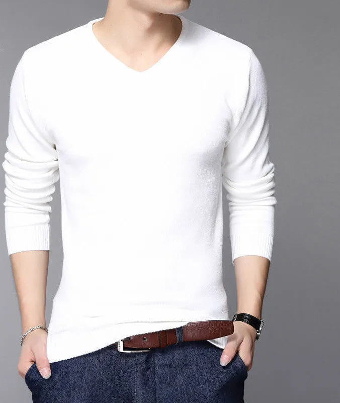 Fashion Slim Fit Sweater Men Classic Pure Black Pullover Men Solid Color V-Neck Pull Homme Cashmere Wool Sweaters Shirt 6638