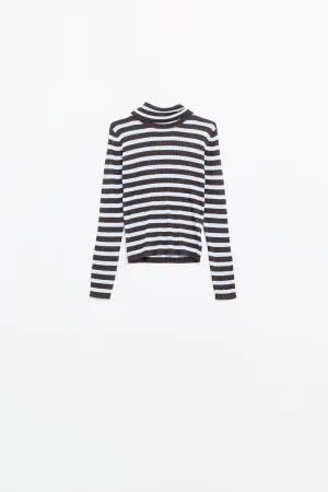 Fine knit wool sweater with blue and brown stripes