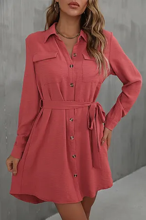 Flap pocket belted shirt dress- Coral