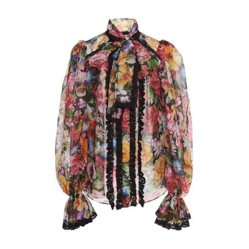 Floral Bowknot Flare Long Sleeve Patchwork Lace Print Tops Female Elegant Blouse