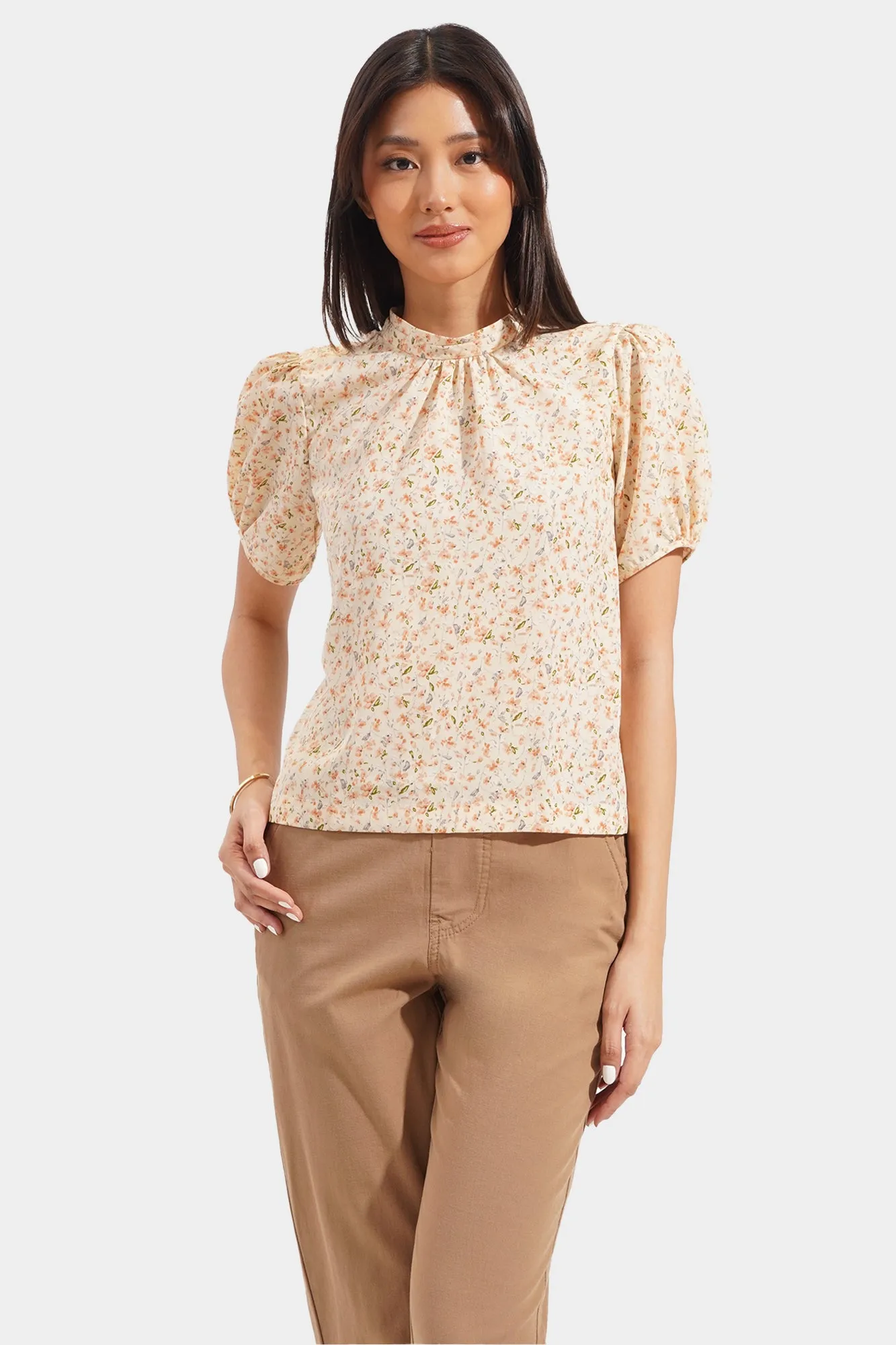 Floral High Neck Ruched Top