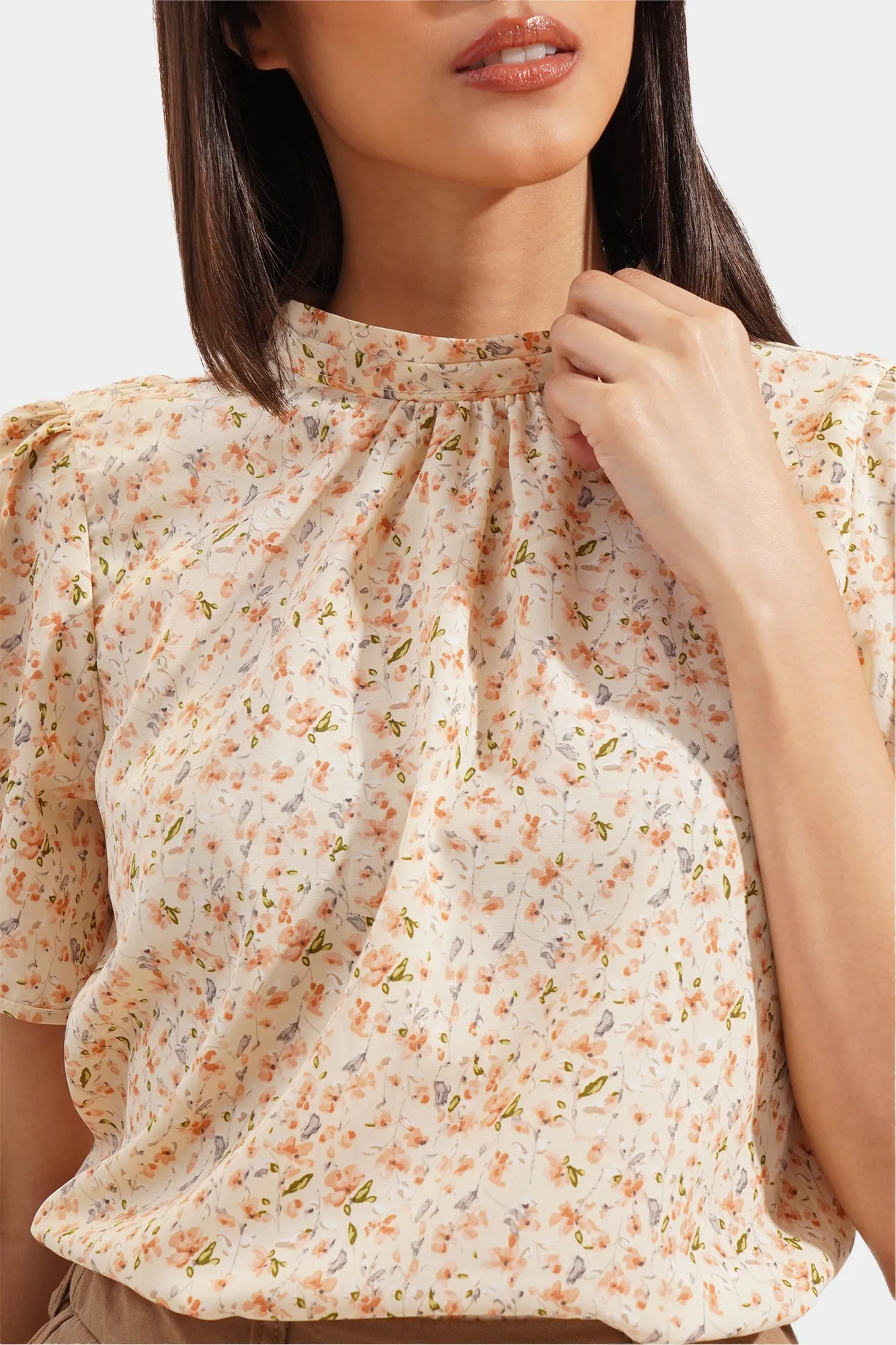 Floral High Neck Ruched Top