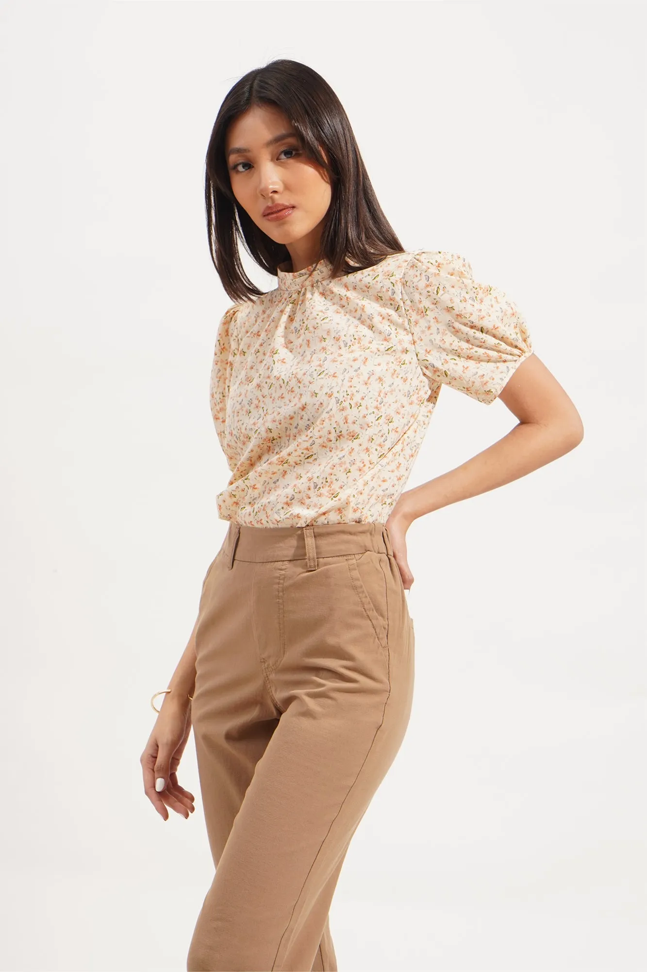 Floral High Neck Ruched Top
