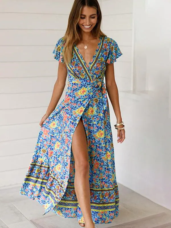 Floral Maxi Dress with Deep V Neck and High Slit