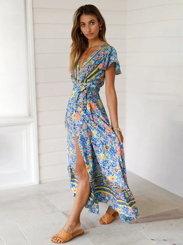 Floral Maxi Dress with Deep V Neck and High Slit