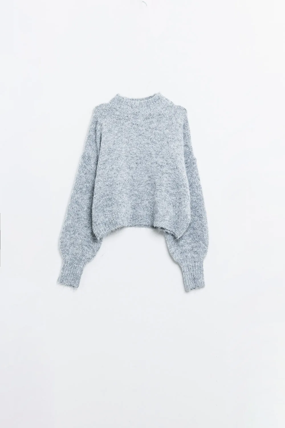 Fluffy grey sweater with high neck and balloon sleeves