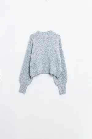 Fluffy grey sweater with high neck and balloon sleeves
