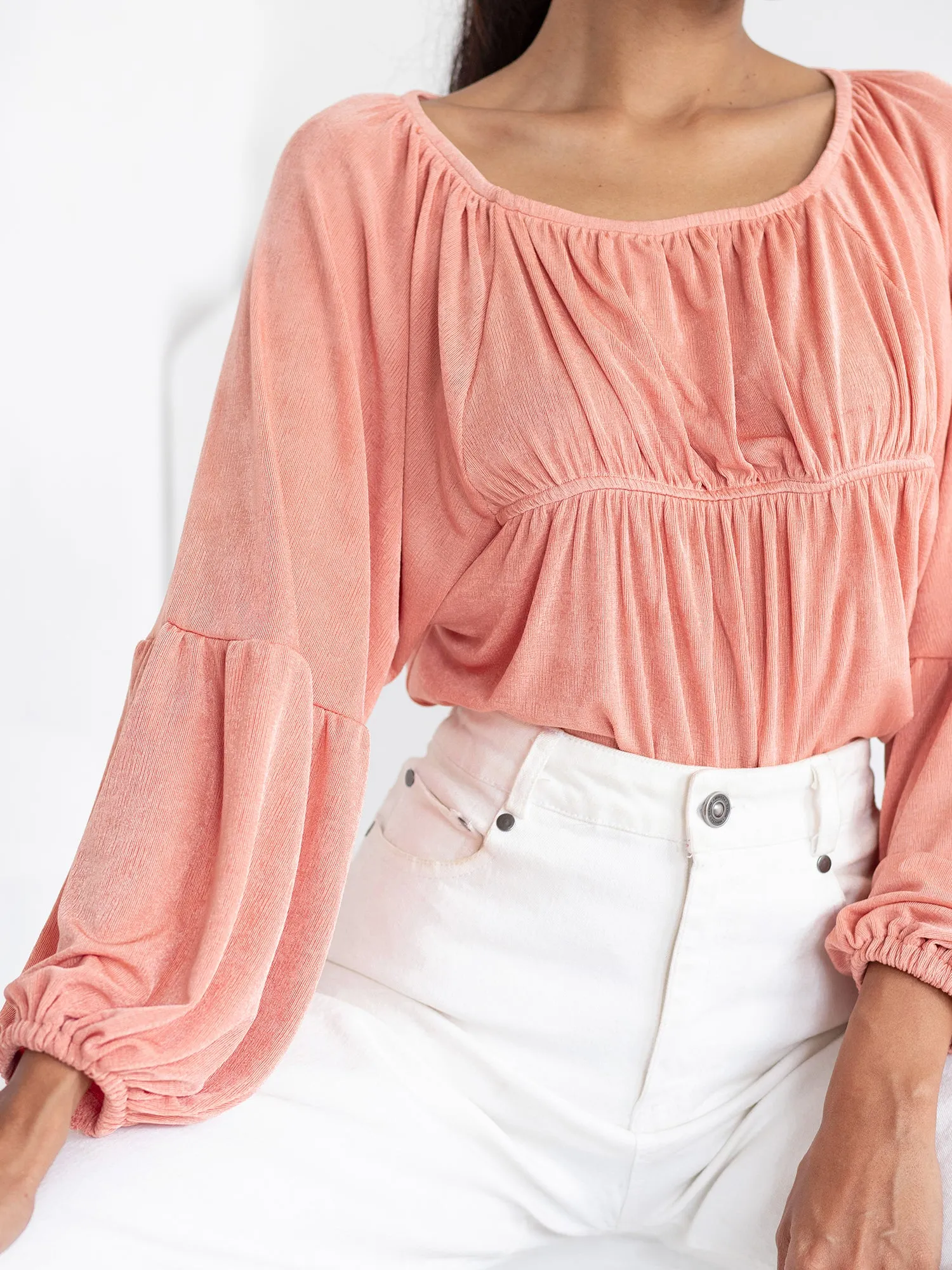 Front Elasticated Detail Balloon Sleeve Top