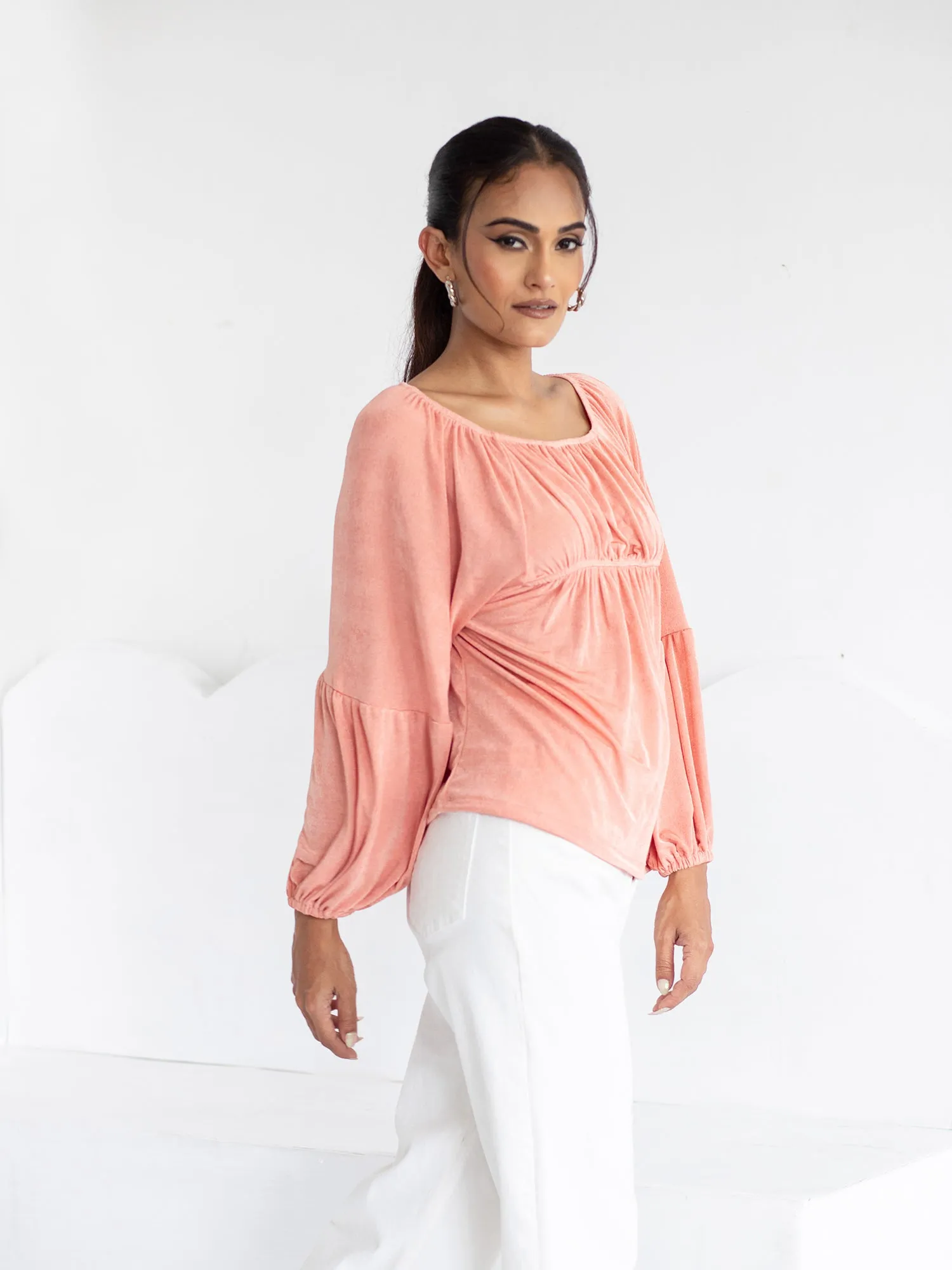 Front Elasticated Detail Balloon Sleeve Top