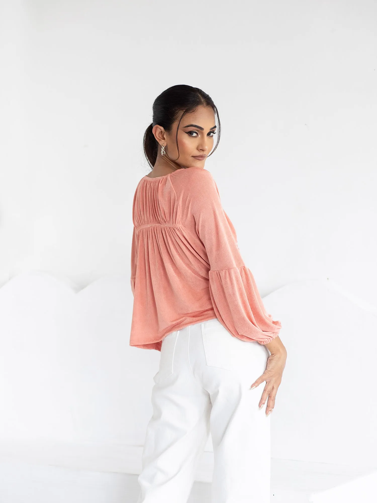 Front Elasticated Detail Balloon Sleeve Top