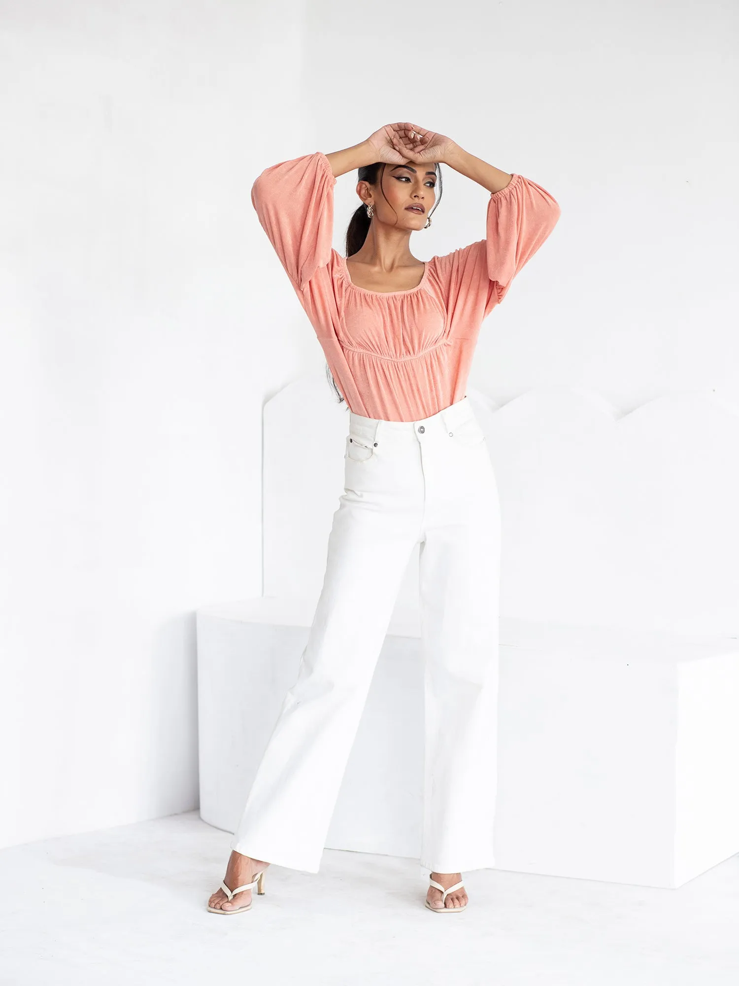 Front Elasticated Detail Balloon Sleeve Top
