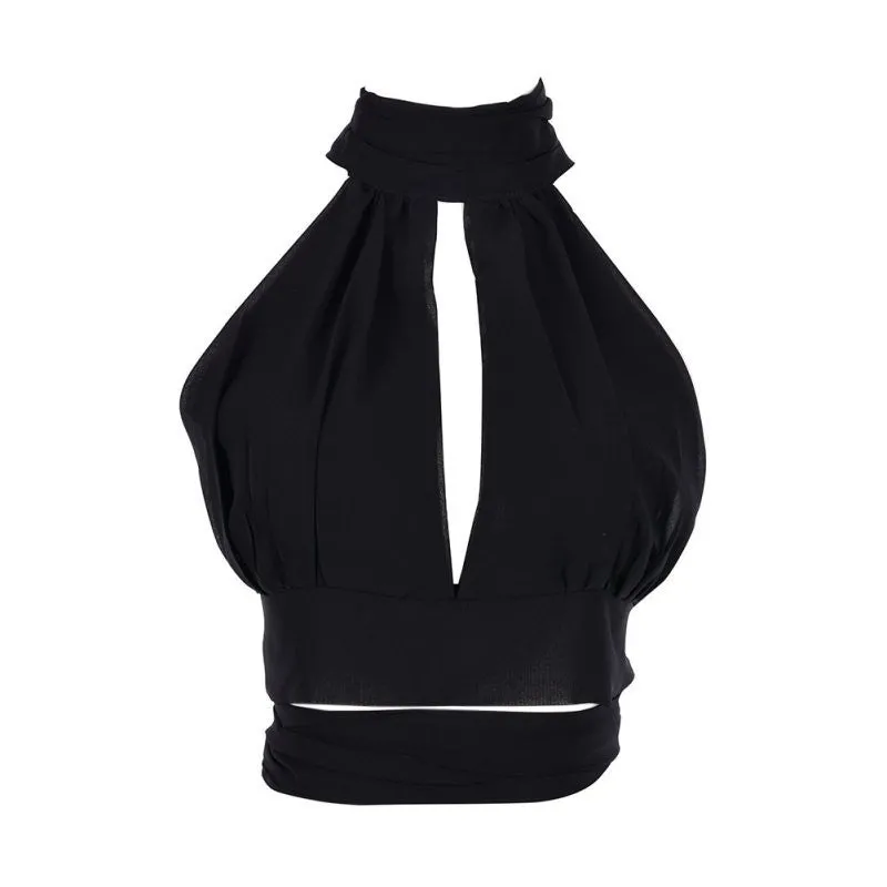 Girls Elegant Lace Backless Cropped Tanks Tops Women High Neck Halter Chiffon Crop Tops Tees