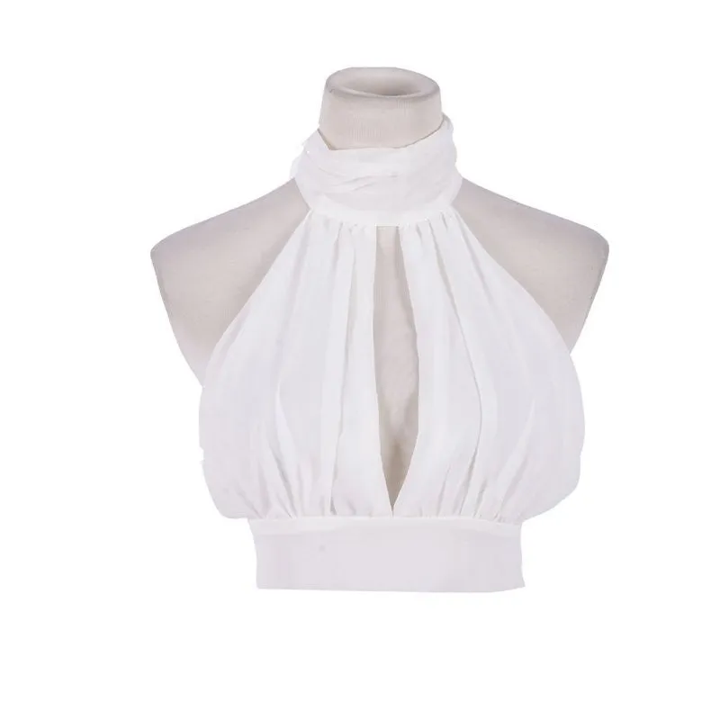 Girls Elegant Lace Backless Cropped Tanks Tops Women High Neck Halter Chiffon Crop Tops Tees