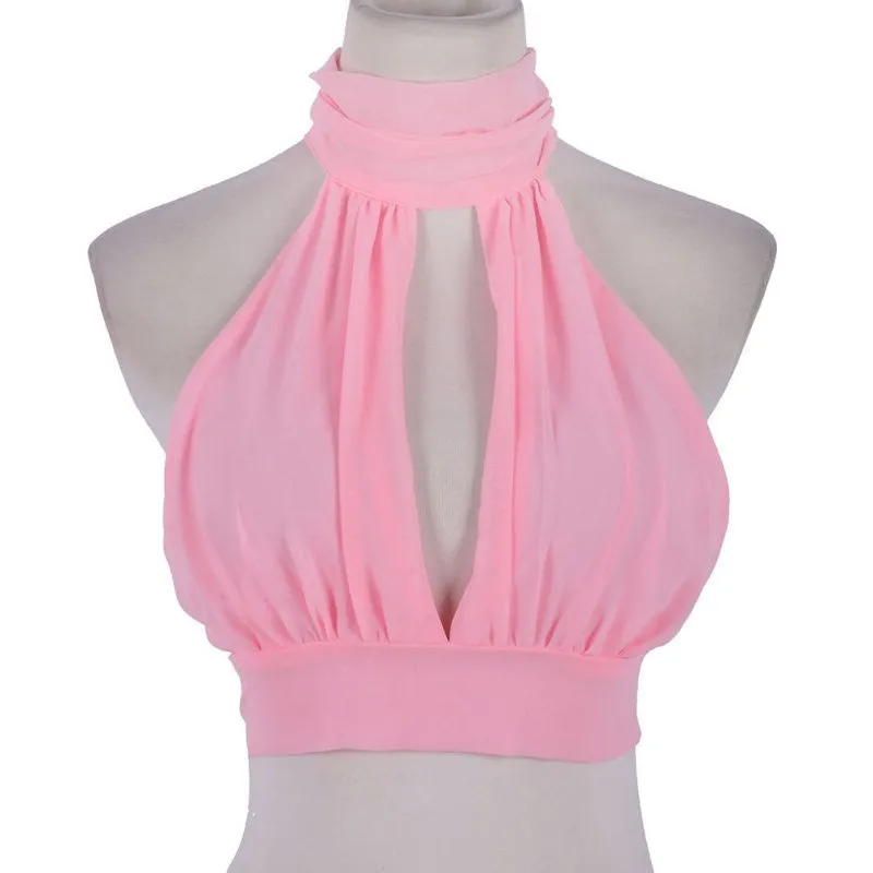 Girls Elegant Lace Backless Cropped Tanks Tops Women High Neck Halter Chiffon Crop Tops Tees