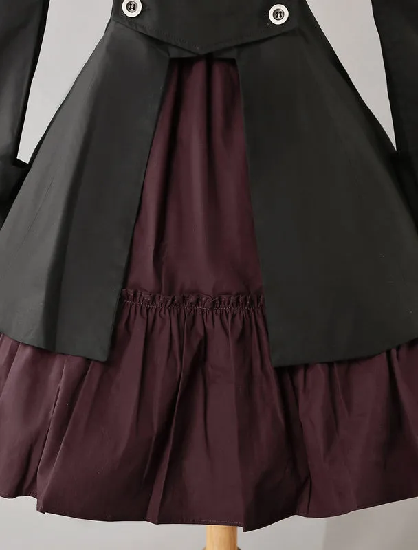 Gothic Lolita Dress OP Black Cotton Double Breasted Button Long Sleeve Bow Ruffled Lolita One Piece Dress