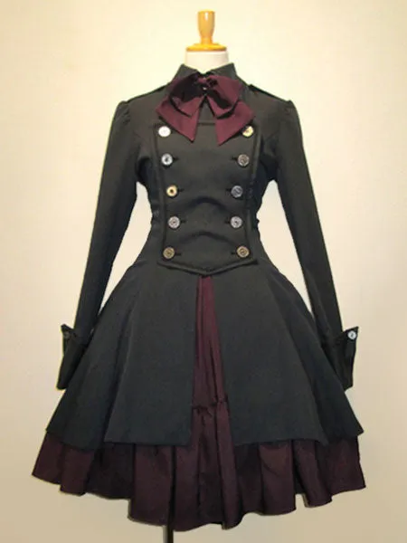 Gothic Lolita Dress OP Black Cotton Double Breasted Button Long Sleeve Bow Ruffled Lolita One Piece Dress