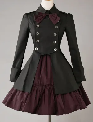 Gothic Lolita Dress OP Black Cotton Double Breasted Button Long Sleeve Bow Ruffled Lolita One Piece Dress