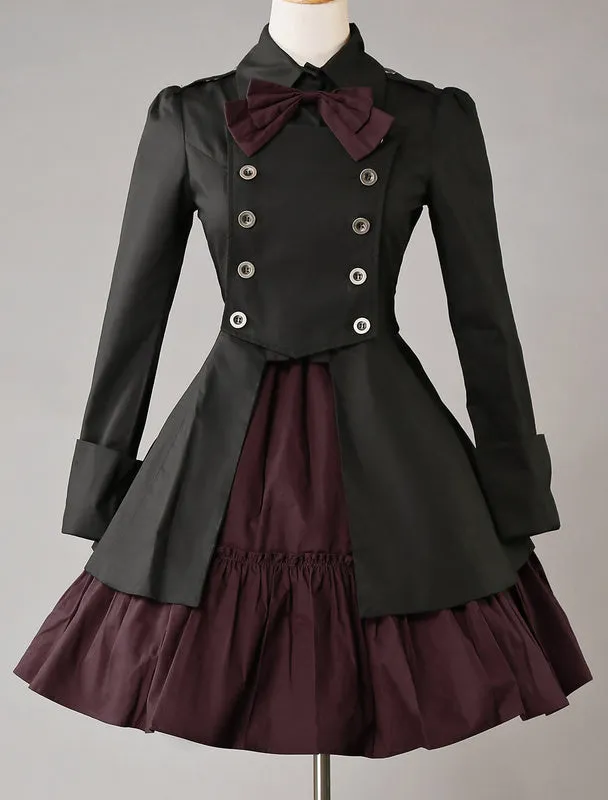 Gothic Lolita Dress OP Black Cotton Double Breasted Button Long Sleeve Bow Ruffled Lolita One Piece Dress