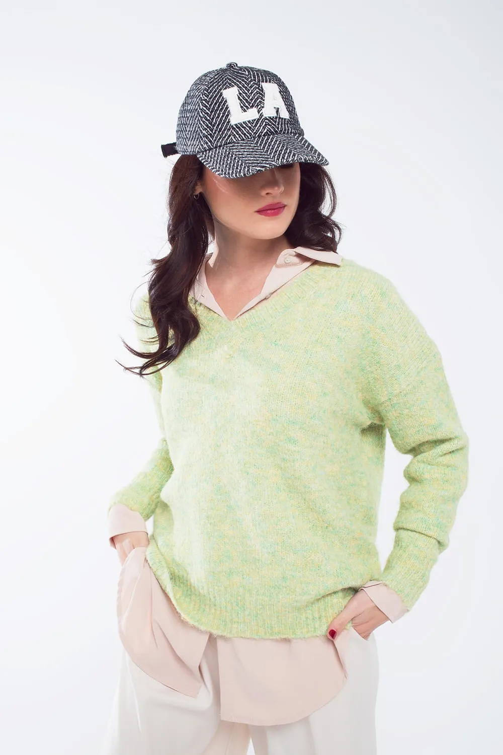 Green fluffy knit sweater with V-neck