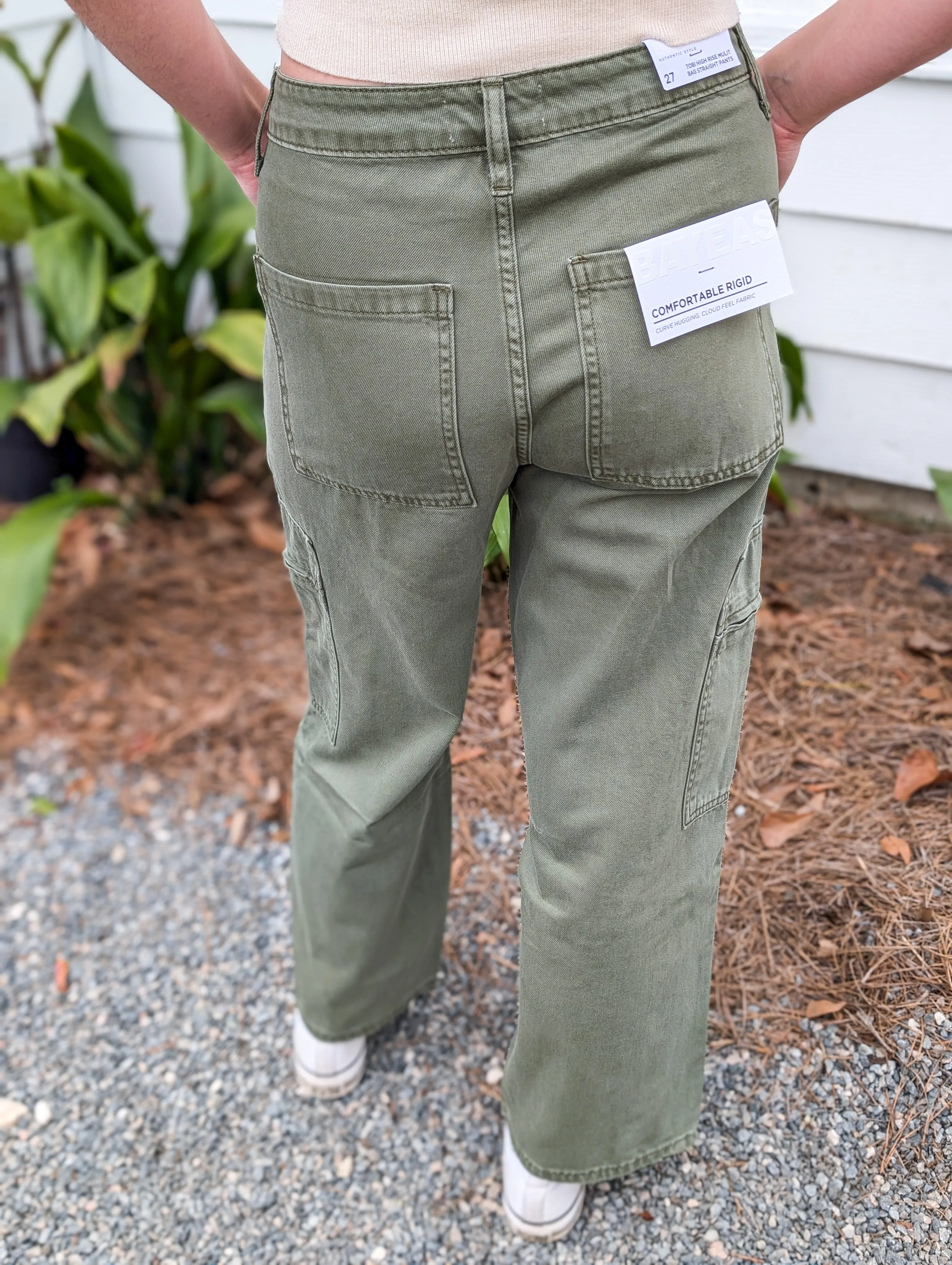 Green High Rise Multi Bag Straight Pants