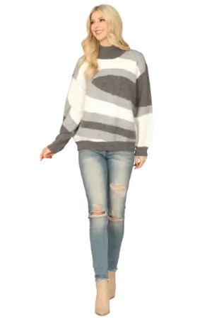 Grey White High Neck Long Puff Sleeve Knitted Pattern Top - Pack of 6