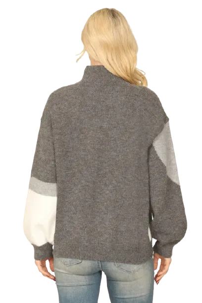 Grey White High Neck Long Puff Sleeve Knitted Pattern Top - Pack of 6