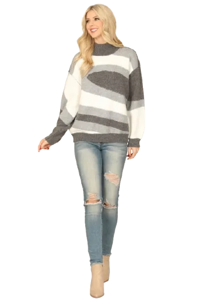 Grey White High Neck Long Puff Sleeve Knitted Pattern Top - Pack of 6