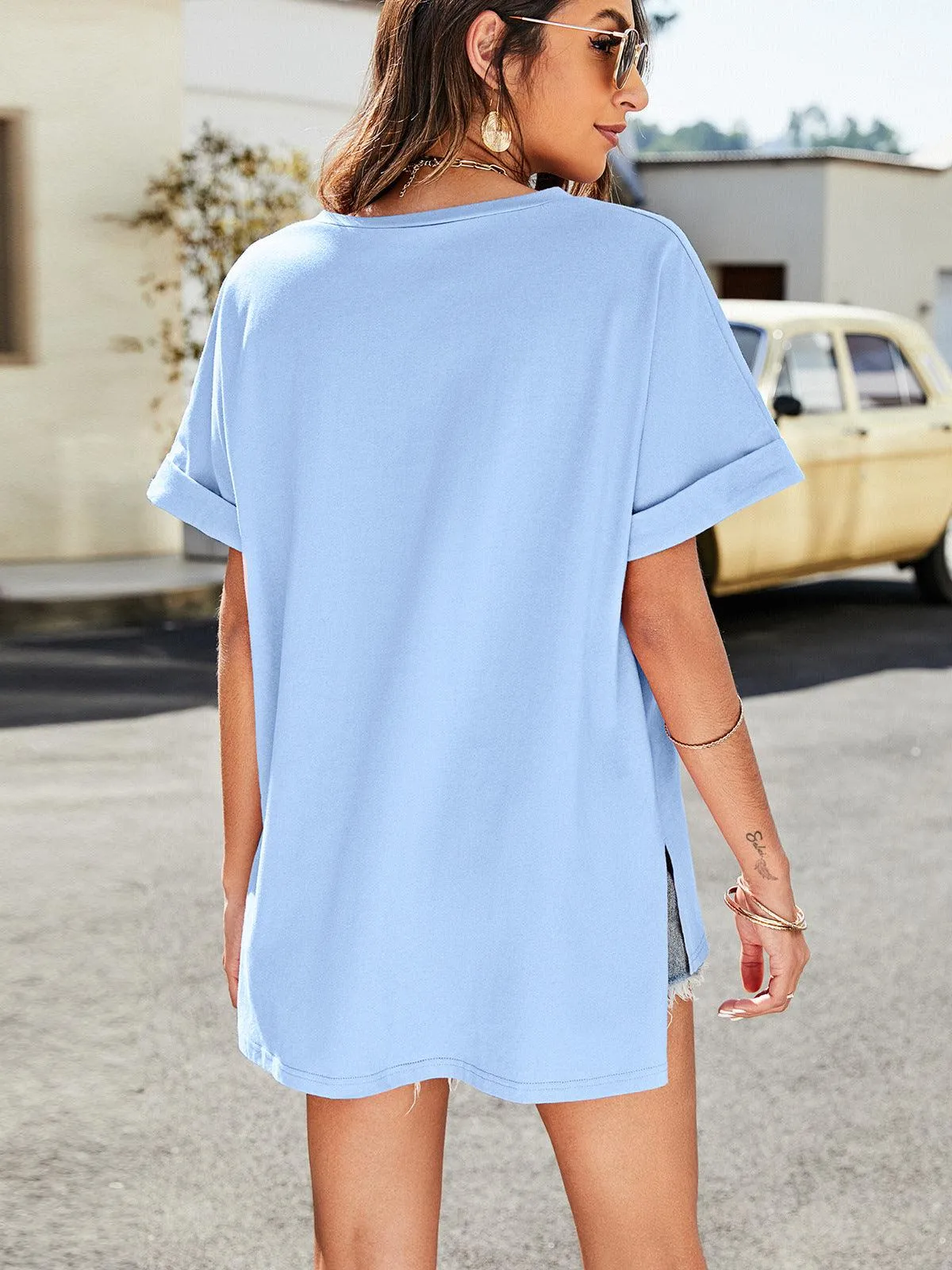 Hazel Blues® | High-Low Side Slit V-Neck Tee
