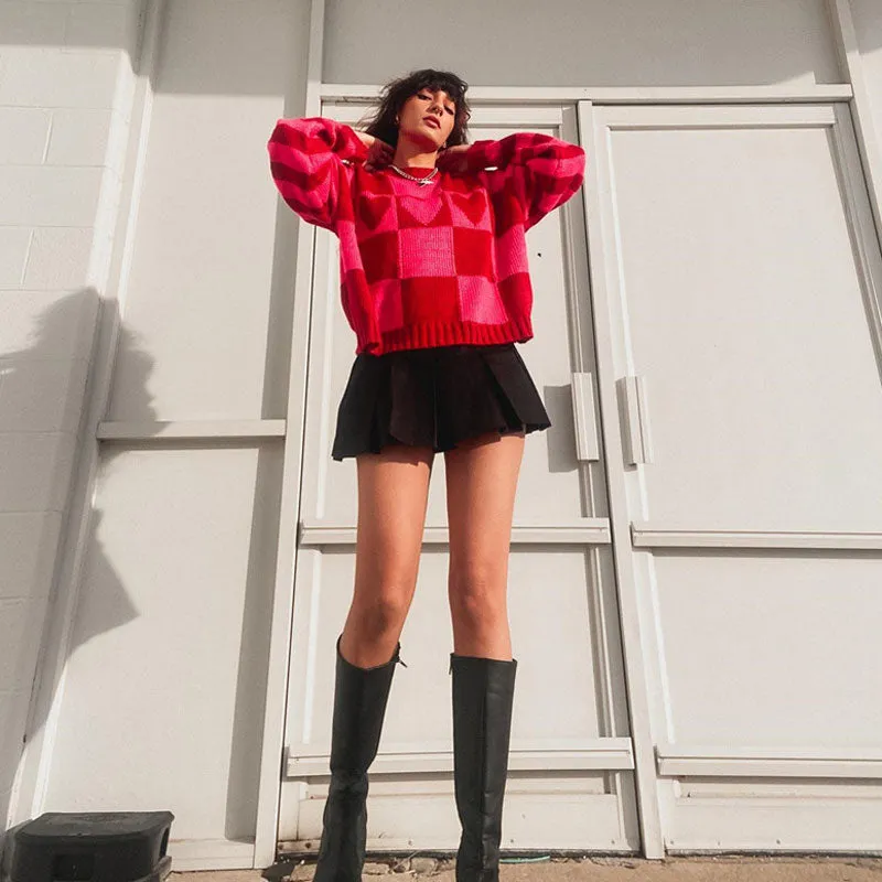 Heart Checkered Pattern Long Sleeve Sweater - Red