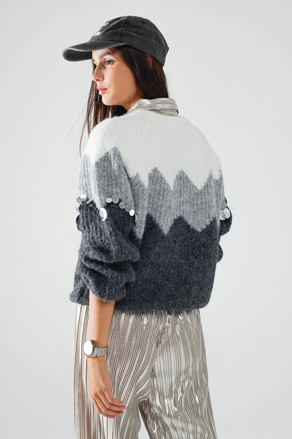 Herringbone Pattern Sweater With Sequin Details In Grey