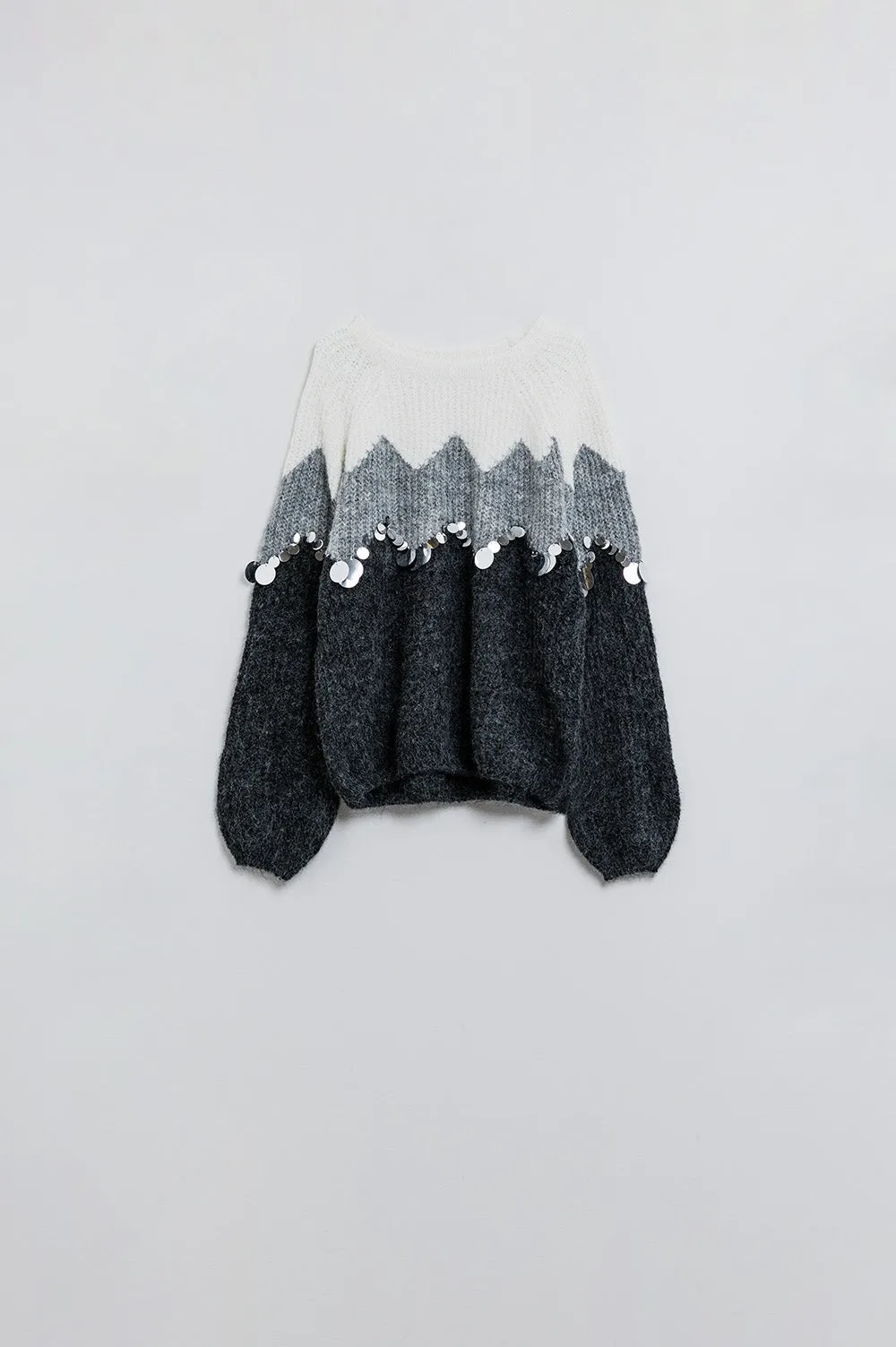 Herringbone Pattern Sweater With Sequin Details In Grey