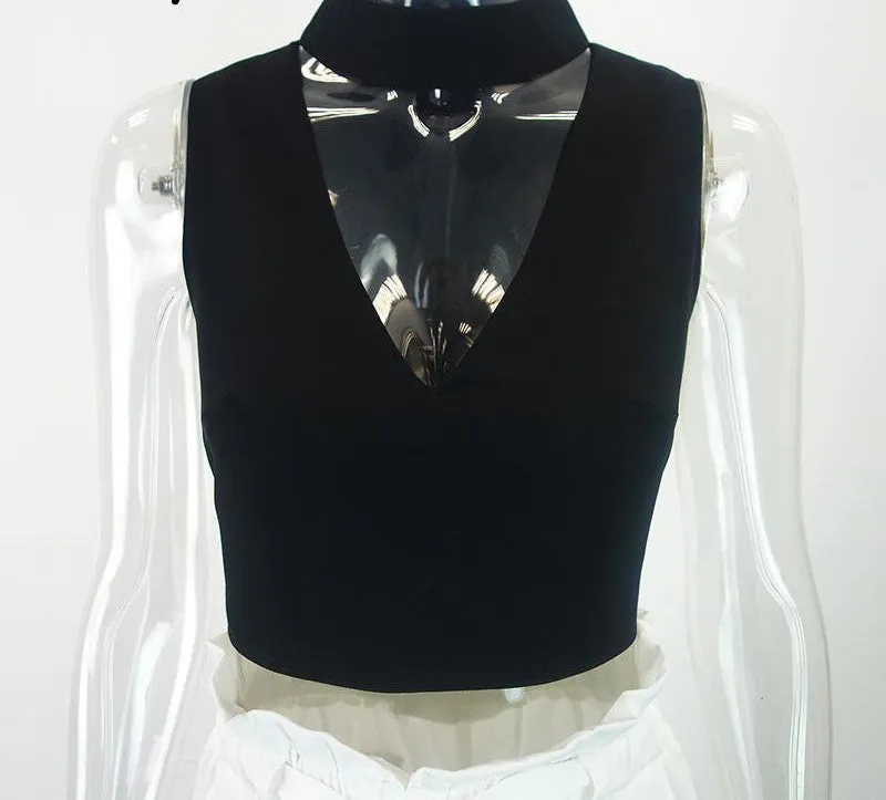 high neck white halter girls 90's cropped tank top Summer sexy v neck sleeveless women short crop tops