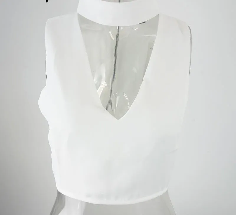 high neck white halter girls 90's cropped tank top Summer sexy v neck sleeveless women short crop tops