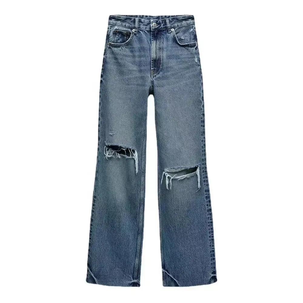 High-Waist Ripped Flare Denim Trousers