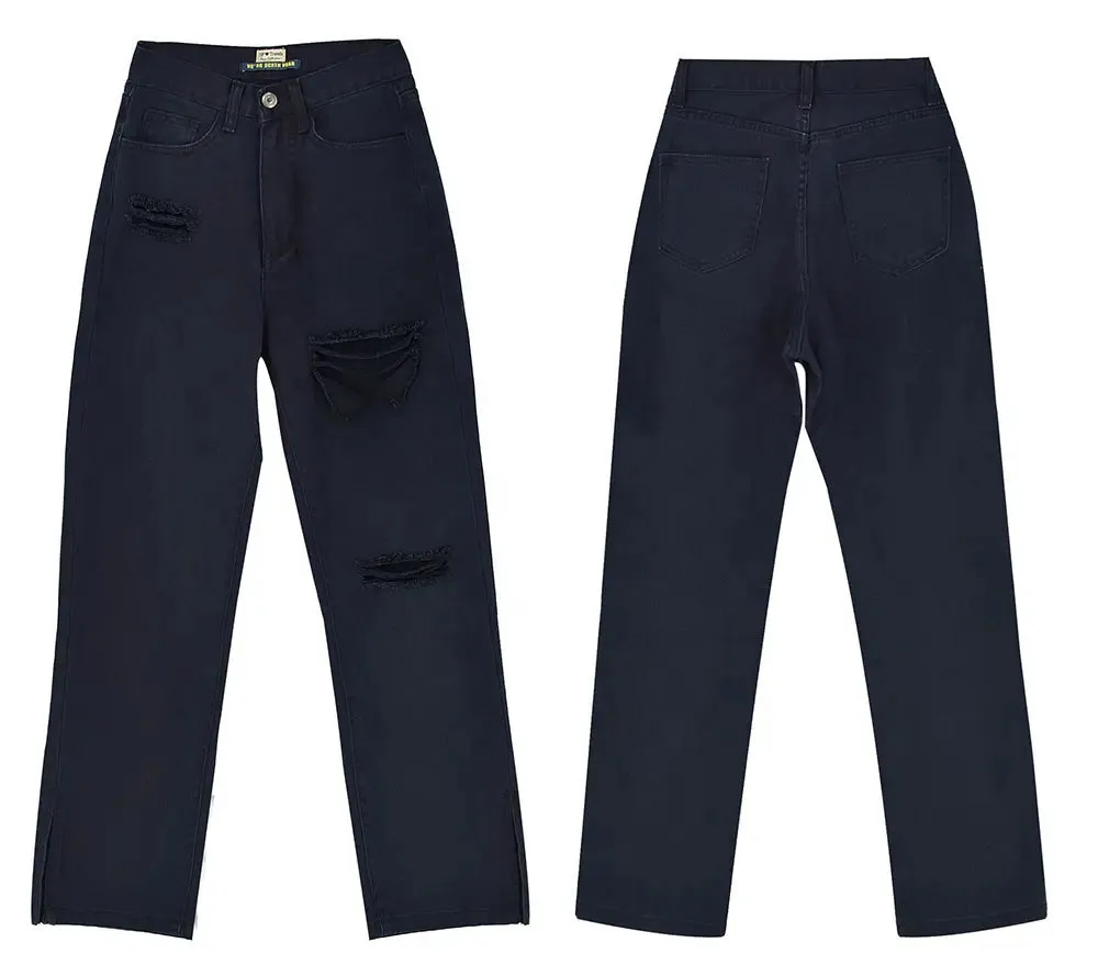 High-Waist Ripped Flare Denim Trousers