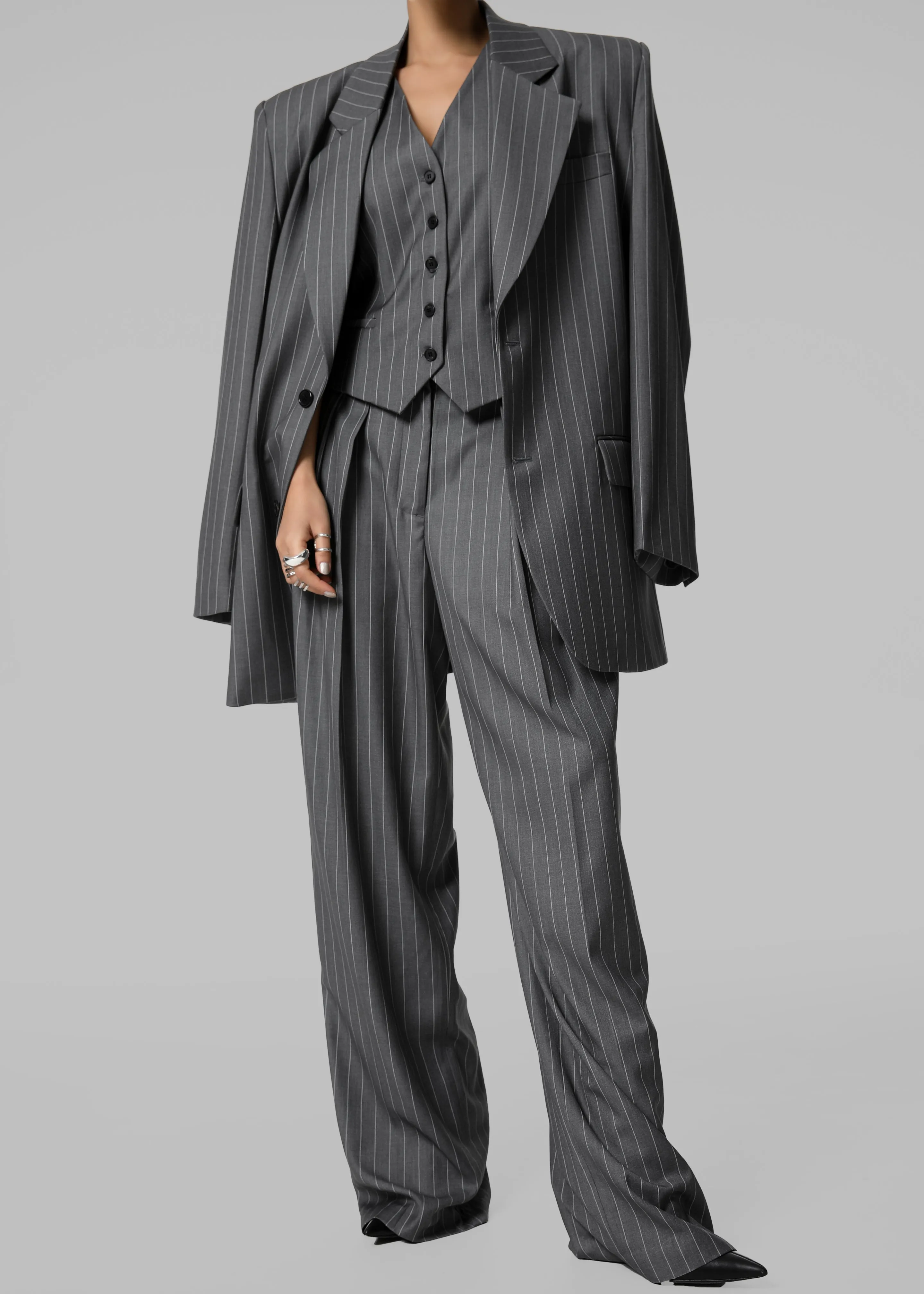 Holland Padded Shoulder Blazer - Charcoal/White Pinstripe