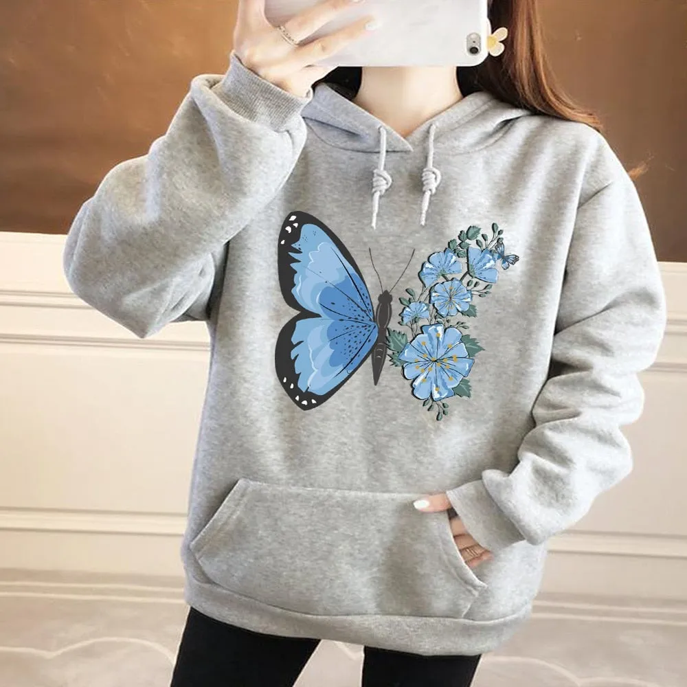 Hoodie Women's Fashion Sports Pullover Fall Long Sleeve Base Pullover Girls Casual Sports Hoodie Butterfly Print Tops