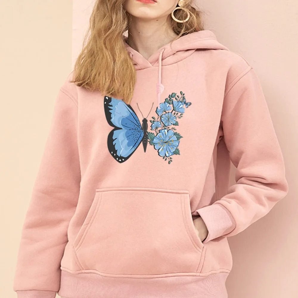 Hoodie Women's Fashion Sports Pullover Fall Long Sleeve Base Pullover Girls Casual Sports Hoodie Butterfly Print Tops