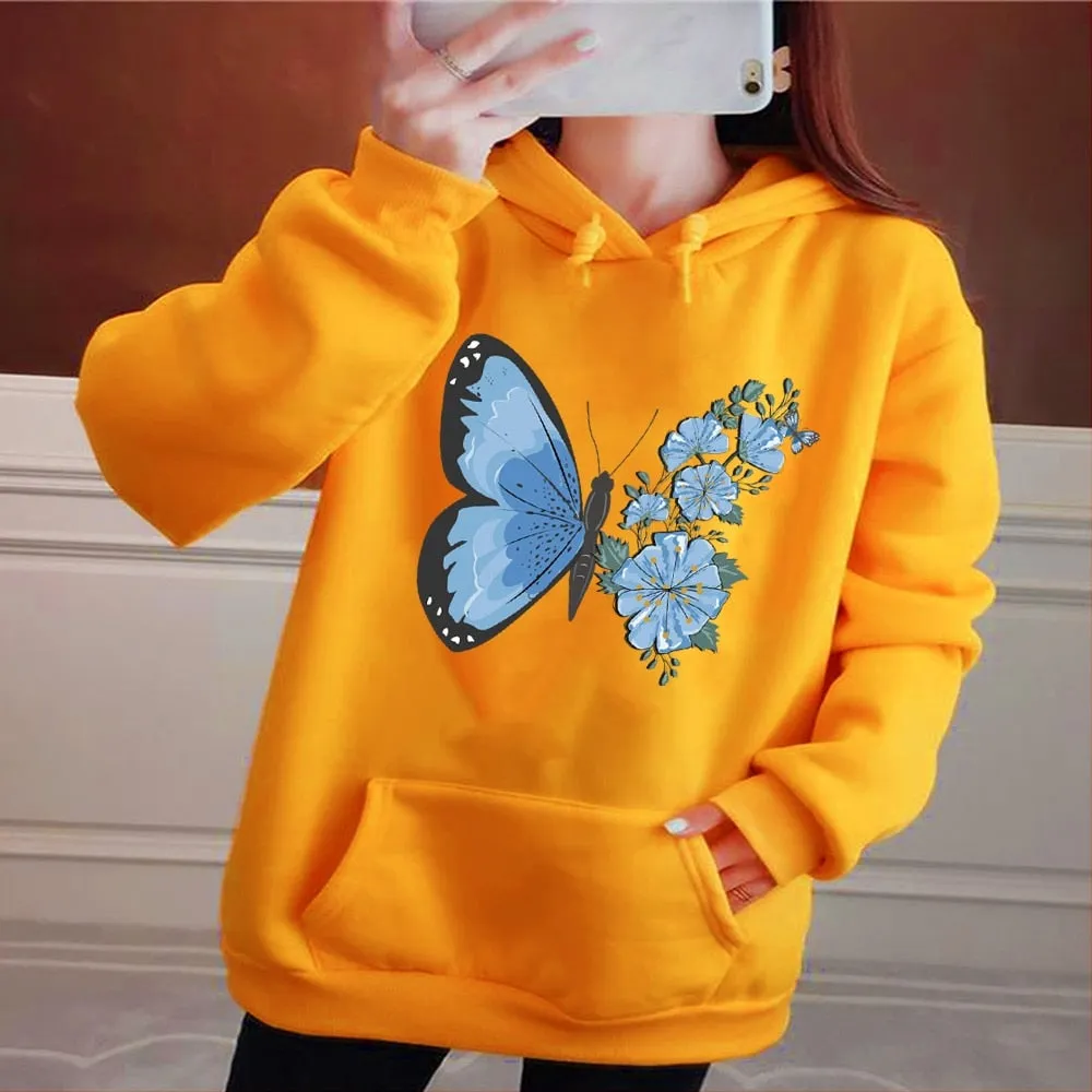Hoodie Women's Fashion Sports Pullover Fall Long Sleeve Base Pullover Girls Casual Sports Hoodie Butterfly Print Tops