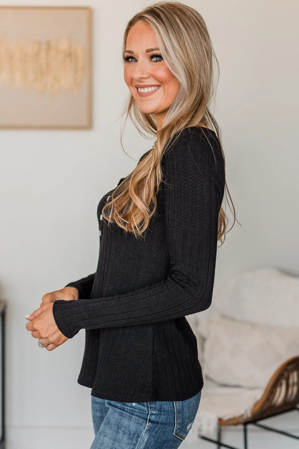 Into Bliss Long Sleeve Knit Top- Black