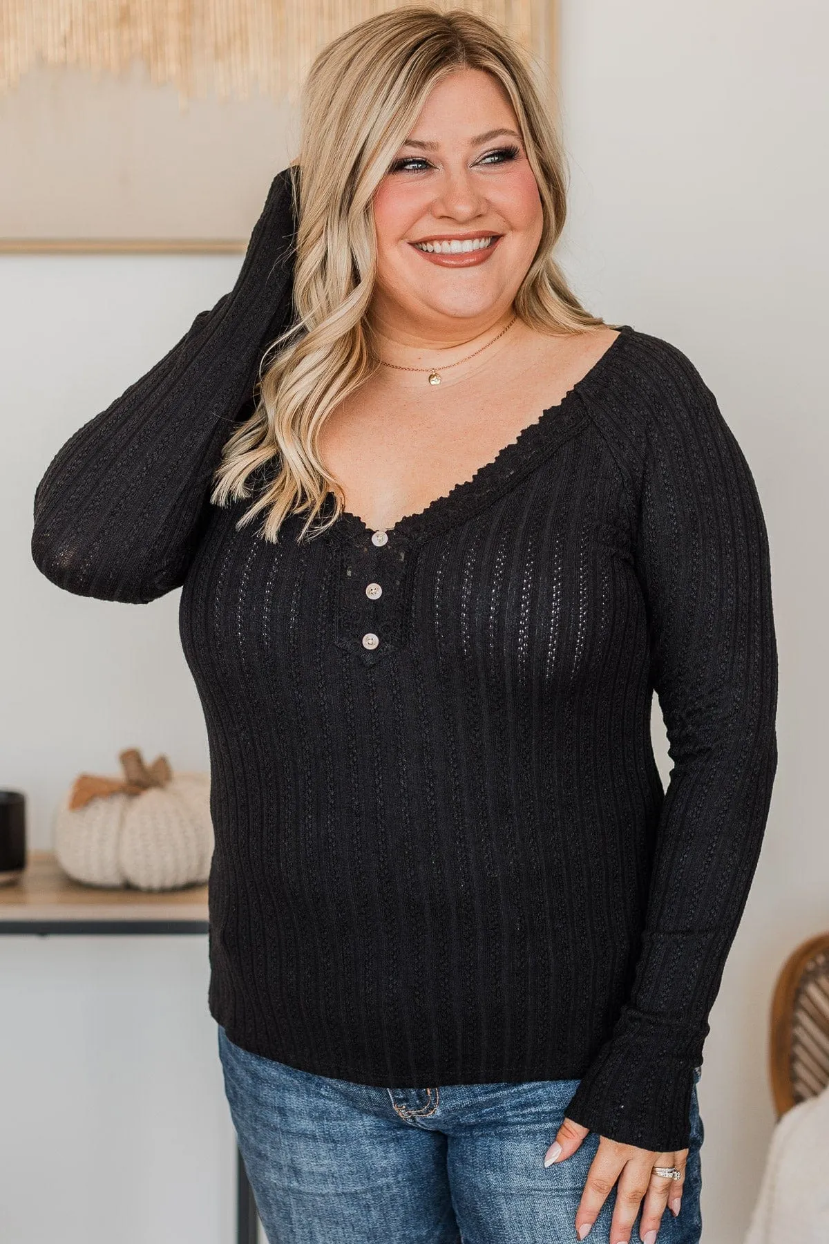 Into Bliss Long Sleeve Knit Top- Black